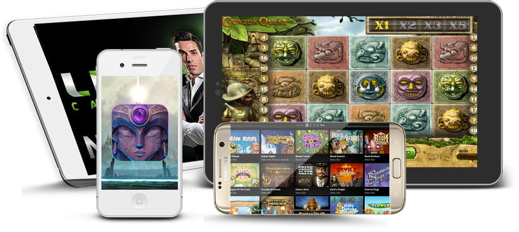 Four mobile devices (two phones in the foreground and two fodo tablets) with a game of Gonzo's Quest, Asgardian Stones, the NetEnt slots catalog in a casino and a dealer.