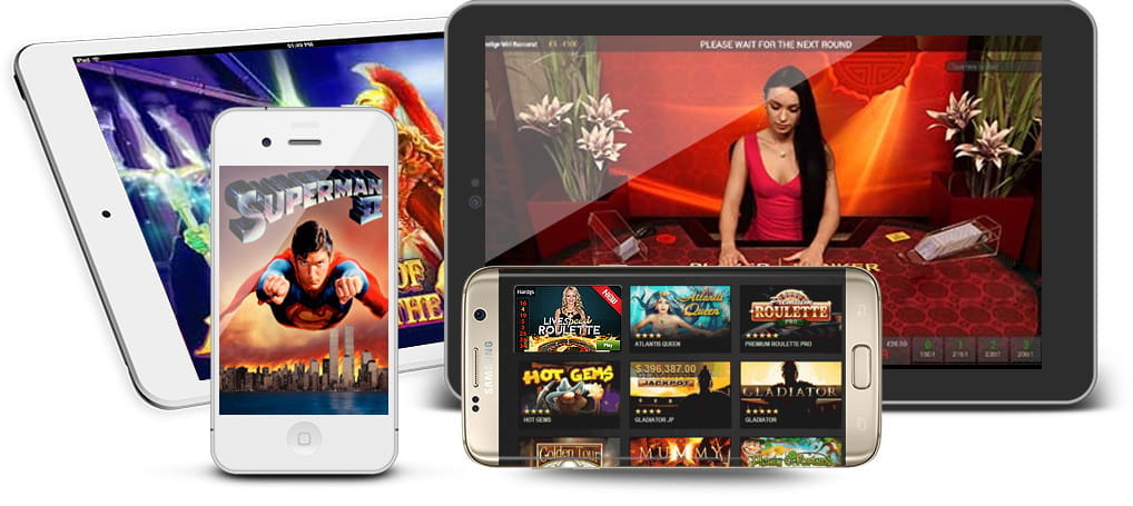 Image with various mobile devices and tablets. Different Playtech games are visible on the screens.