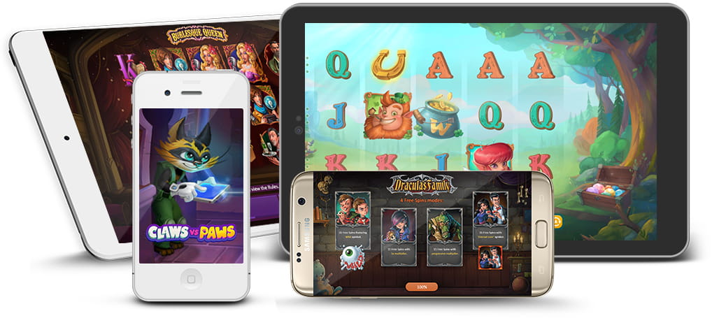 Various mobile devices with Playson slots on the screen.