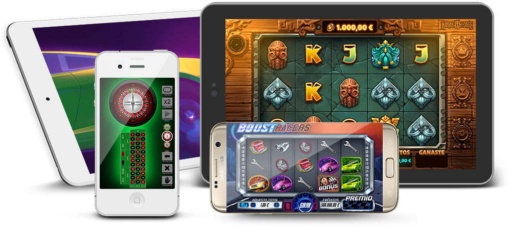 Collage with mobile phones and tablets on whose screens Gaming1 slots appear.