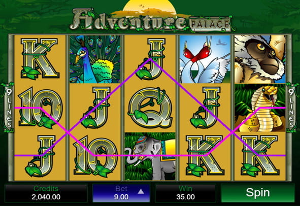 Main screen of the Adventure Palace slot, on which two winning combinations appear.