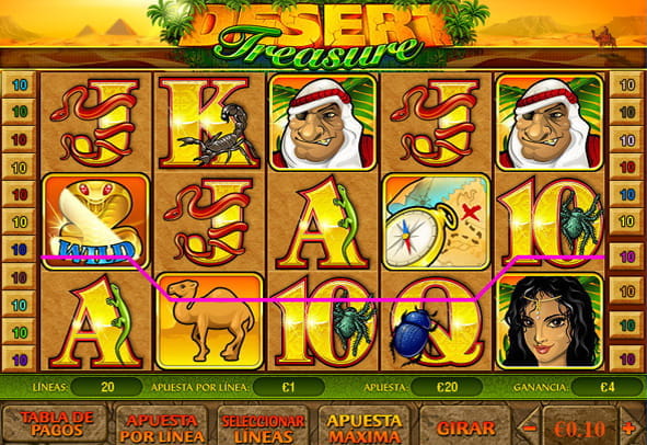 Main screen of the Desert Treasure slot during a real game with a winning combination.