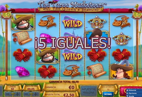 Main screen of the slot The Three Musketeers and the Queen's Diamond with five matching figures.