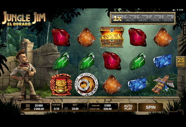 Try the Jungle jim el Dorado slot for free without registration. Overview of the game with the character Jim watching the reels.