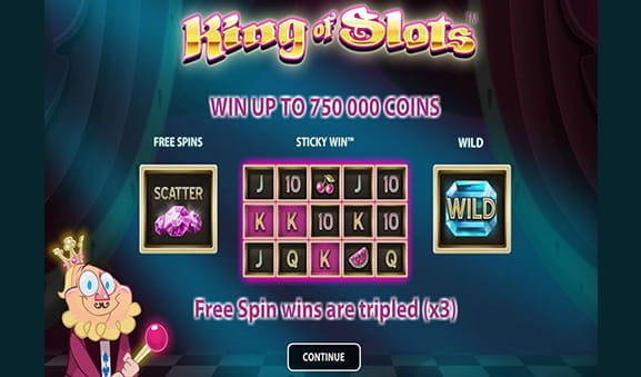 King of Slots cover featuring all the elements of the game, wild, scatter and the king.