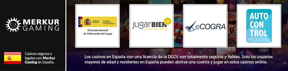 Infographic with the logos of Merkur Gaming, the DGOJ, JugarBien.es , Play Responsibly and Self-control.