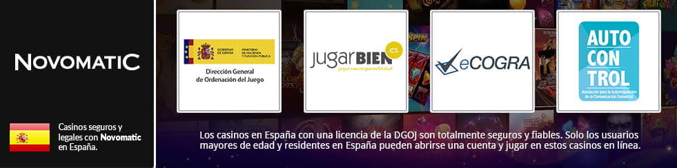 Infographic with the logos of Novomatic, the DGOJ, JugarBien.es , Play Responsibly and Self-control.