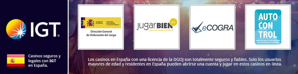 The IGT logo appears next to the logos of various regulatory and control authorities such as the DGOJ and JugarBien.