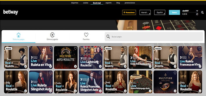 Evolution live roulette wheels available at Betway live online casino in New Zealand.
