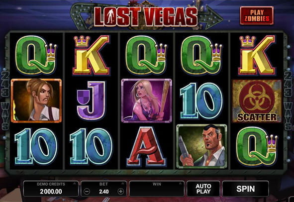 Main screen of the Lost Vegas game. By clicking here you can play for free. The 5 reels of the surviving game option are displayed.