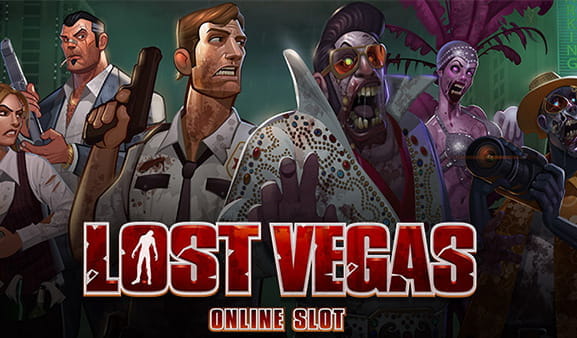 Lost Vegas slot logo. With several zombies and a policeman raising a gun.