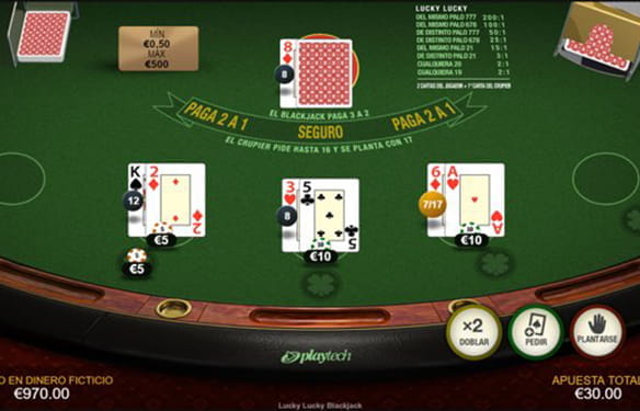 Blackjack table. Next to the slots to place the normal bet, there is another with the drawing of a clover. The player has made 3 bets and his hands add up to 12, 8 and 17 or 7, since the latter combination is formed by an ace. The dealer has one of his cards uncovered, an 8 of diamonds, and the other hidden.