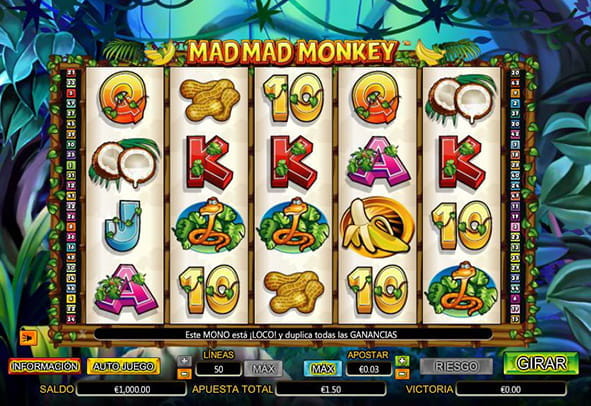 Cover of the Mad Mad Monkey slot developed by NextGen Gaming with its five reels and four paylines.