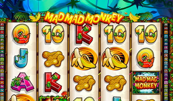 The game panel of the Mad Mad Monkey slot. All five reels and all four lines are visible.