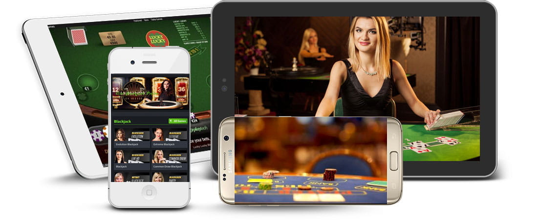 Two tablets are seen, one white and one black, with several casino games on the screen. Superimposed on the two tablets is a white iPhone on which the selection of roulette games is visible and a gold Samsung on which a card game is being played.