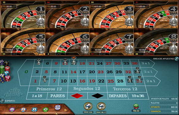 In multi-wheel roulette the screen is divided into two. In the upper part you can see the cylinders of 8 different roulettes while in the lower part the cloth with the rows of numbers, red and black, is shown.