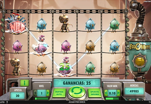 Game to the NetEnt Eggomatic slot where its peculiar 5 reels and 3 lines appear, with a winning line achieved thanks to a wild symbol in the upper left.
