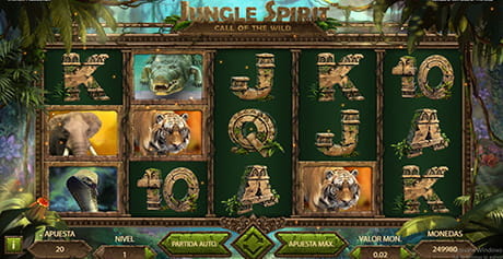 Play the NetEnt Jungle Spririt slot with its five reels and three paylines, where some of the main symbols such as the tiger, elephant, crocodile and cobra appear, in addition to the letters of the French deck.