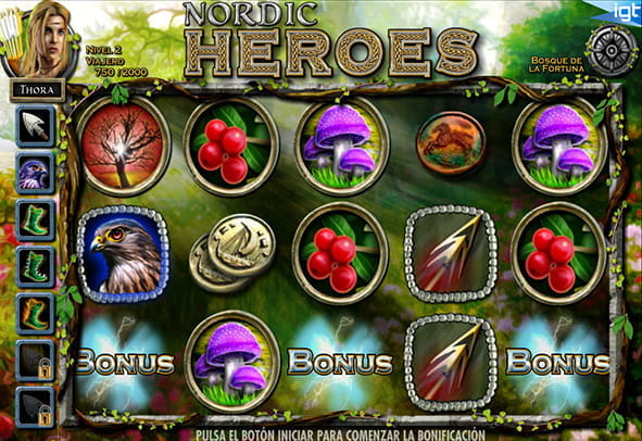 Play the Nordic Heroes slot. Important symbols such as the arrow, berries and mushrooms appear on its five reels, as well as the bonus phase is activated.