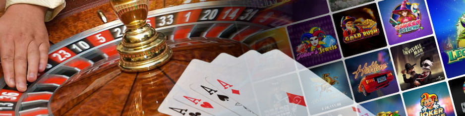 Collage. On the right a roulette wheel; on the left, a catalog of the slot machines of a casino.