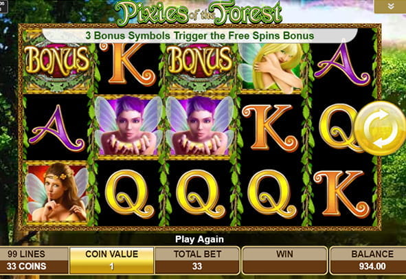 Pixies of the Forest slot game screen. Scattered on the reels are several of the symbols of the machine, such as fairies and yellow letters.