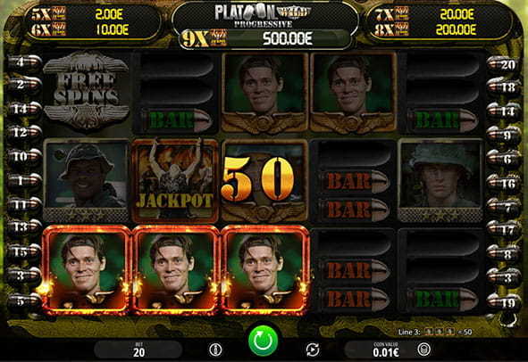 Game screen of the Platoon online slot from iSoftBet, with 5 reels and 30 paylines.