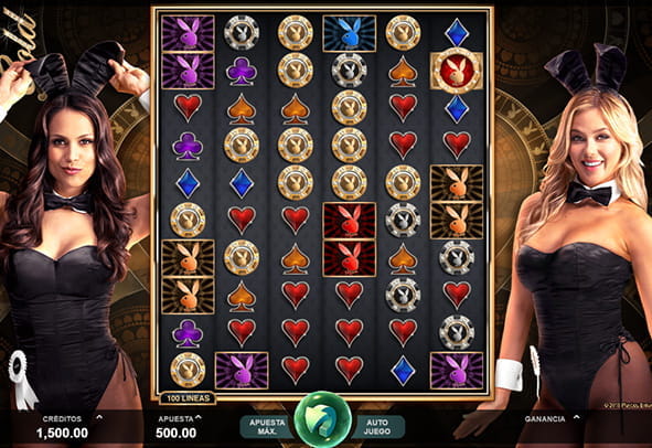Play the Playboy Gold slot with its atypical arrangement of reels and lines. On both sides of the screen, there are two models dressed in a black bodysuit, bow tie and bunny ears.