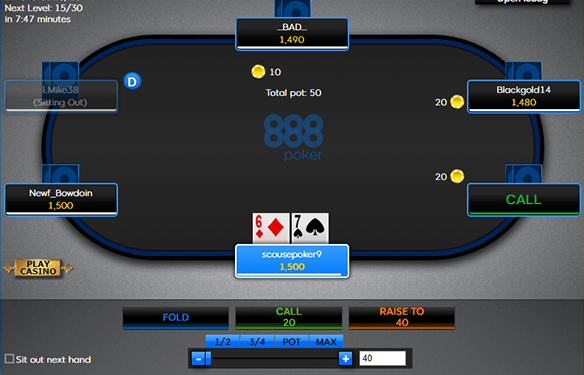Sample of a generic Texas Hold'em online poker table at 888poker casino.