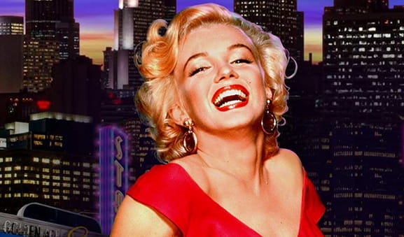 Cover of the Marilyin Monroe online slot from Playtech with its protagonist smiling behind a background full of skyscrapers.