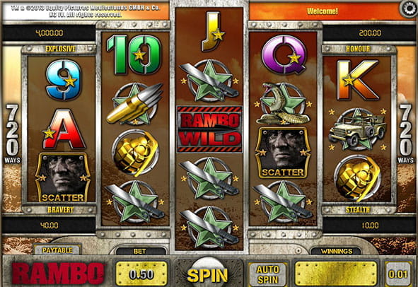 Cover of the Rambo slot to play online for real money and free in New Zealand online casinos with its five reels and three rows.