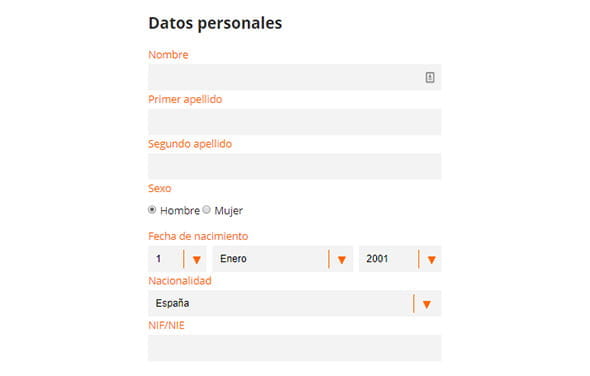 Registration form at an online casino. All personal information is required, including your first and last name, date of birth and national identity document.