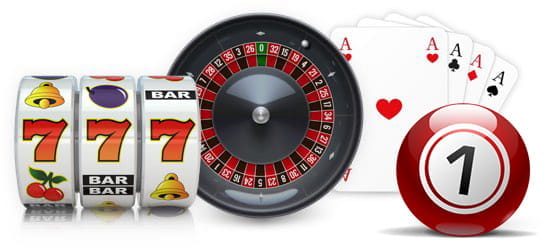 Collage composed, from left to right, of three reels of a classic slot machine, the cylinder of a roulette wheel, four aces of different suit from a French deck and a bingo ball.