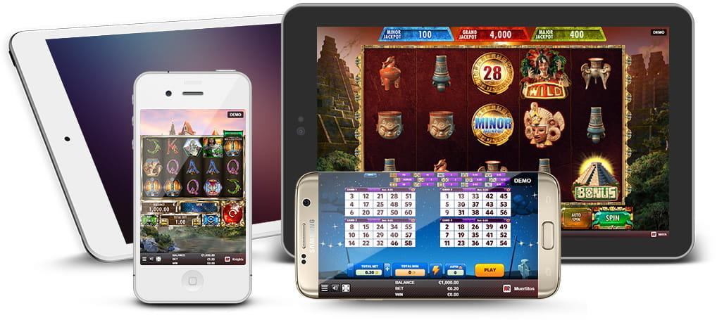 Various Red Rake Gaming games on different mobile devices.