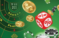 Red dice with gold coins and a baccarat cloth in the background.