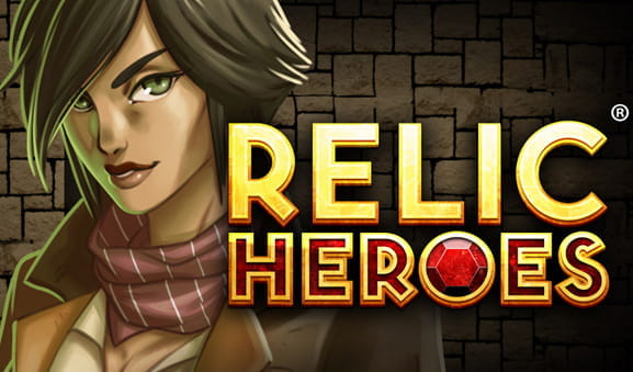 Cover of the Relic Heroes slot. The protagonist and the name of the game appear in gold and ruby color.