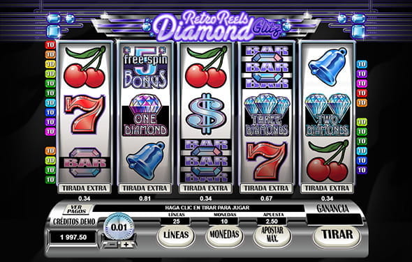 Game screen of the Retro Reels Diamond Glitz Microgaming slot.