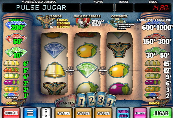 Game screen of the Roma online slot from MGA, with 3 reels and a single payline.