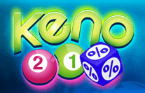 Shown are 2 numbered balls and a dice with the percentage symbols and at the top the word keno.