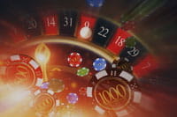 Part of a roulette wheel with many colored chips.