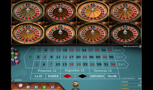 Image of a multi-wheel roulette game. In the upper part you can see 8 cylinders and in the lower one, the cloth with the bets.