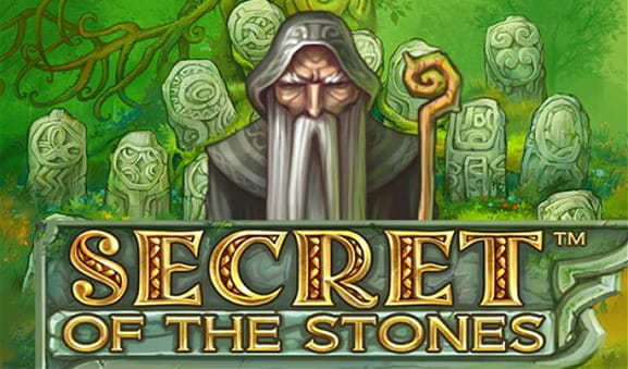 The cover of the Secret of the Stones with a druid and his staff in front of a Celtic cemetery.