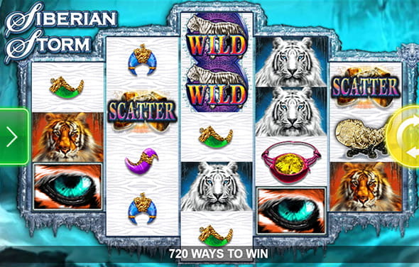 Cover of the Siberian Storm slot with its special symbols on three rows and five reels.