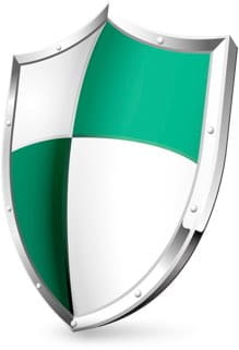 Green and white shield symbolizing internet security.