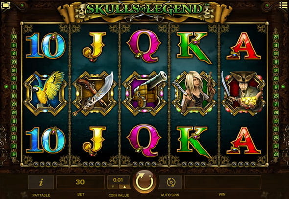 Main board of the Skulls of Legend slot from the iSoftBet company with its five reels and three rows.