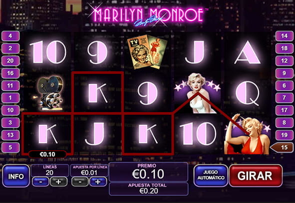 Game to the Marilyn Monroe slot from Playtech, in which a winning line and some of the main symbols appear.