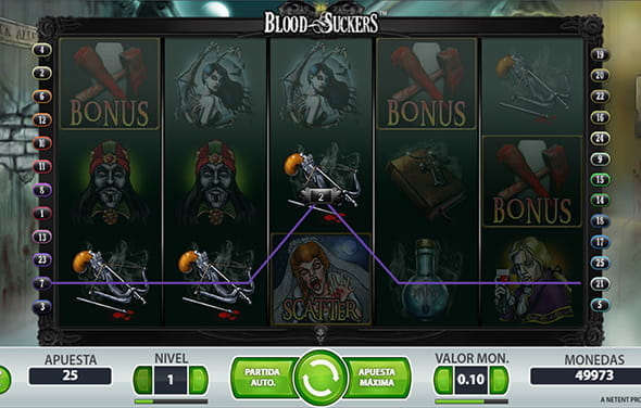 Playing the Blood Suckers slot from NetEnt in an online casino. A winning combination appears on the reels.