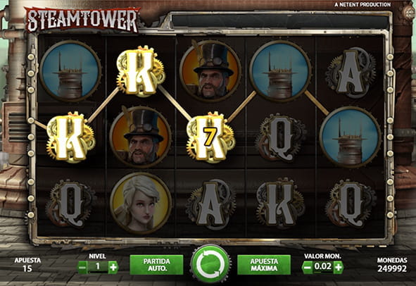 Play the NetEnt Steam Tower slot. Some of the main symbols and a winning combination appear on the reels.