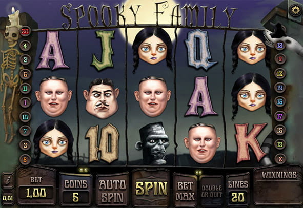 Game screen of the Spooky Family slot from iSoftBet, in which the main symbols of the family that makes up the slot appear.