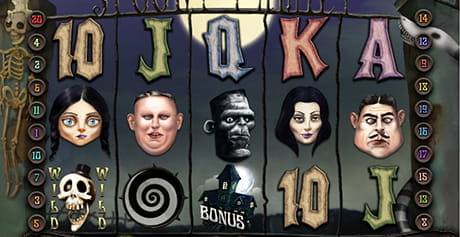 Main board of the slot developed by iSoftBet, Spooky Family, with five knees and three rows for New Zealand online casinos.