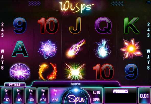 Main board of the Wisps slot developed by iSoftBet with five reels and three rows.